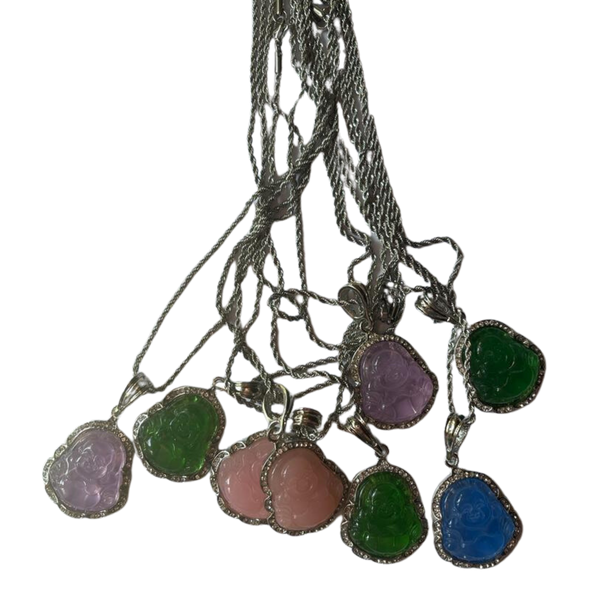 Botanica La Luz Divina Silver-toned Crystal Buddha Charm Necklaces: Diverse Shades for Spiritual Harmony