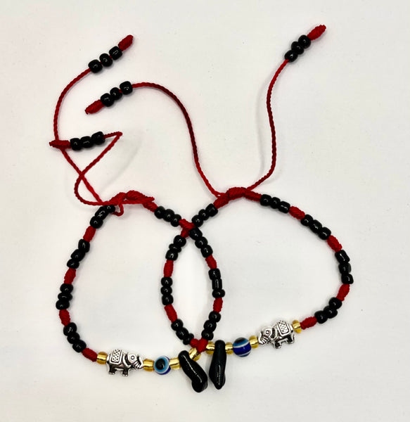Braided Red and Black Bracelets with Powerful Hand and Elephant