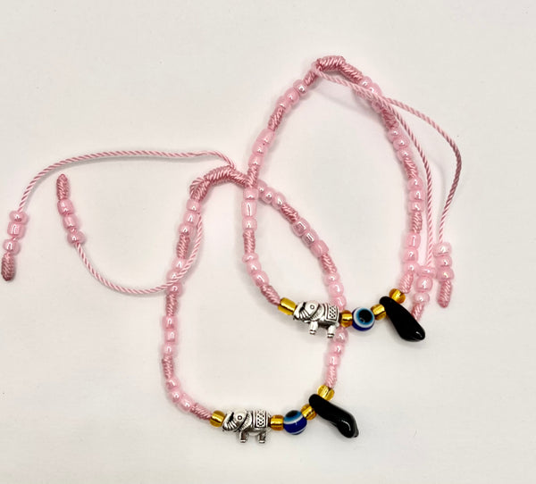 Braided Pink Bracelet with Powerful Hand and Elephant